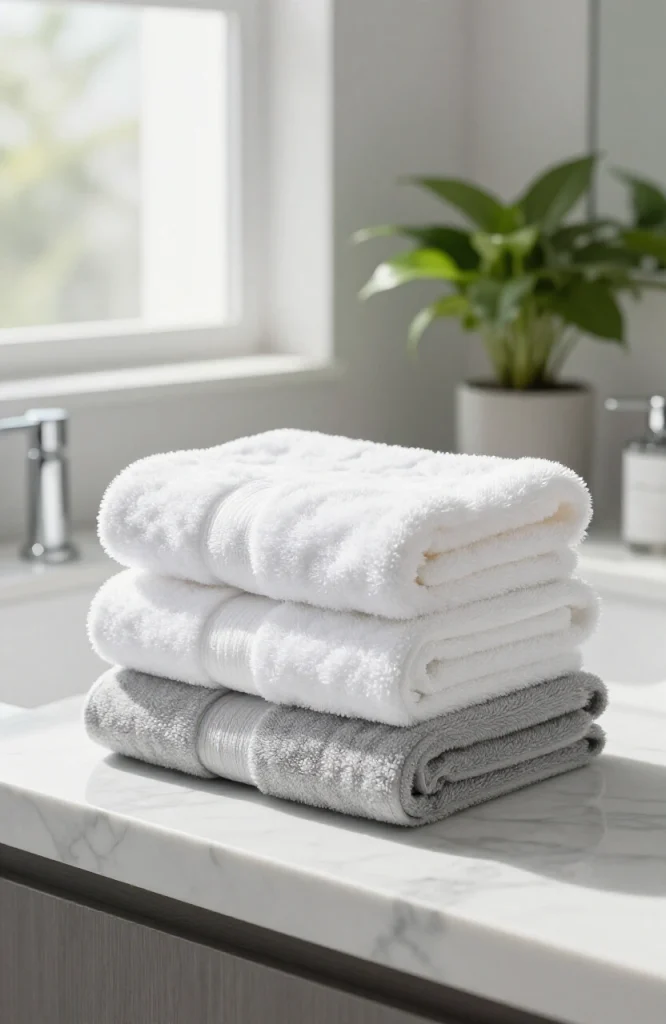 Rolled luxury towels and soft furnishings displaying textures and colors for bathroom upgrade