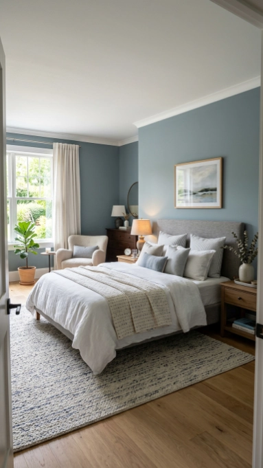 Bright bedroom with soft blue walls, white bedding, blue patterned area rug, wooden nightstand, dark dresser, and armchair by window