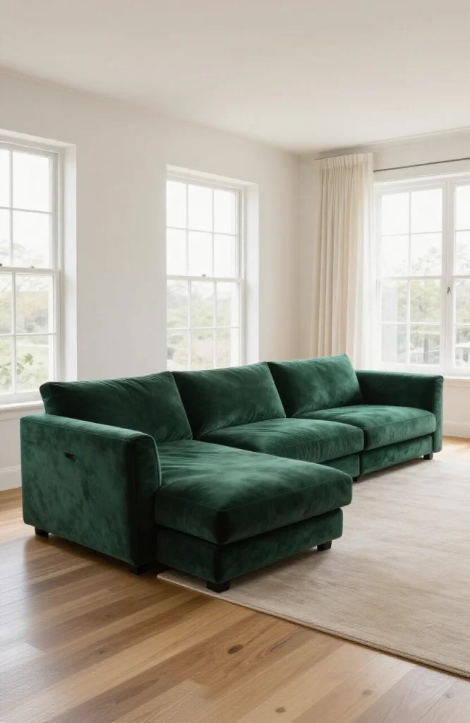 Modern L-shaped sofa upholstered in soft velvet fabric with deep seating and contemporary design