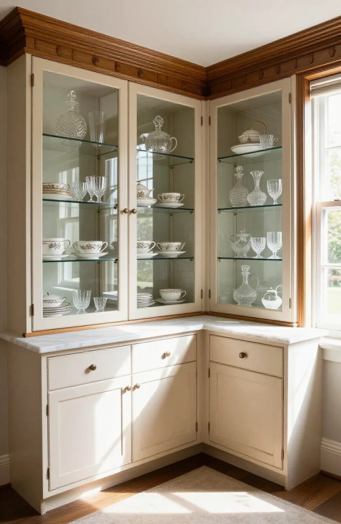 Victorian-style butler's pantry alcove featuring glass-front upper cabinets displaying dishes and glassware with dark wood fr