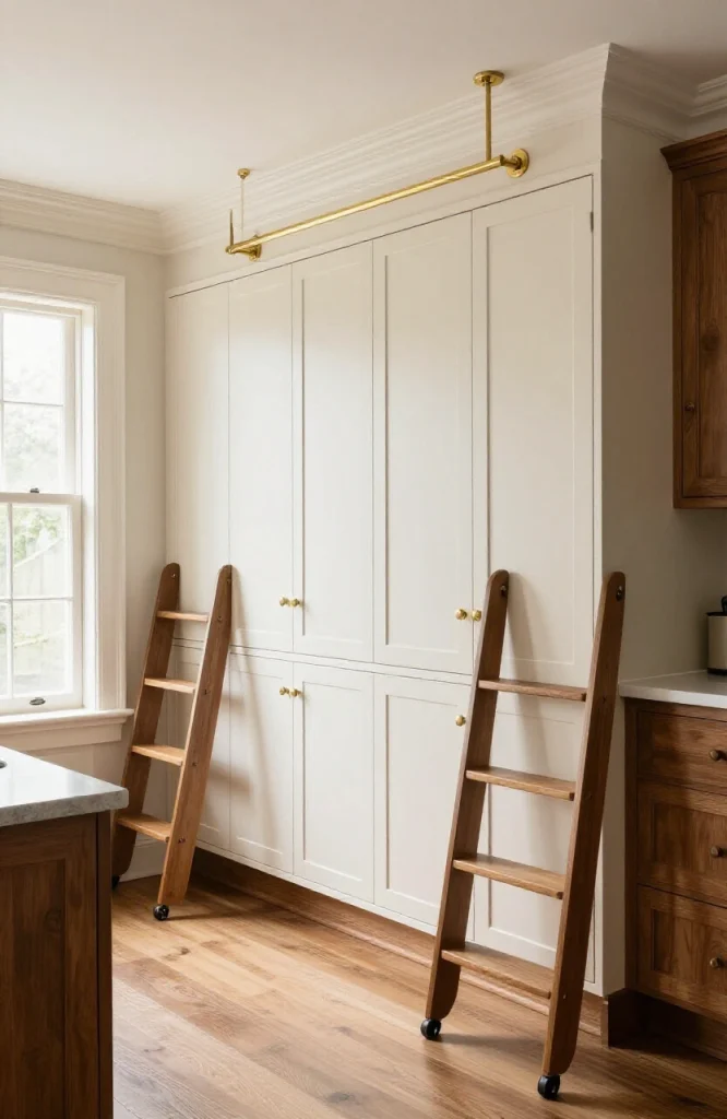 Victorian kitchen with floor-to-ceiling cabinetry and brass rail-mounted rolling library ladder for upper cabinet access