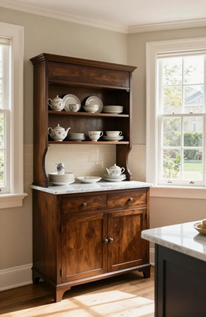 Ornate wooden freestanding hutch with glass doors, decorative plates, and vintage dishware displaying classic Victorian kitch