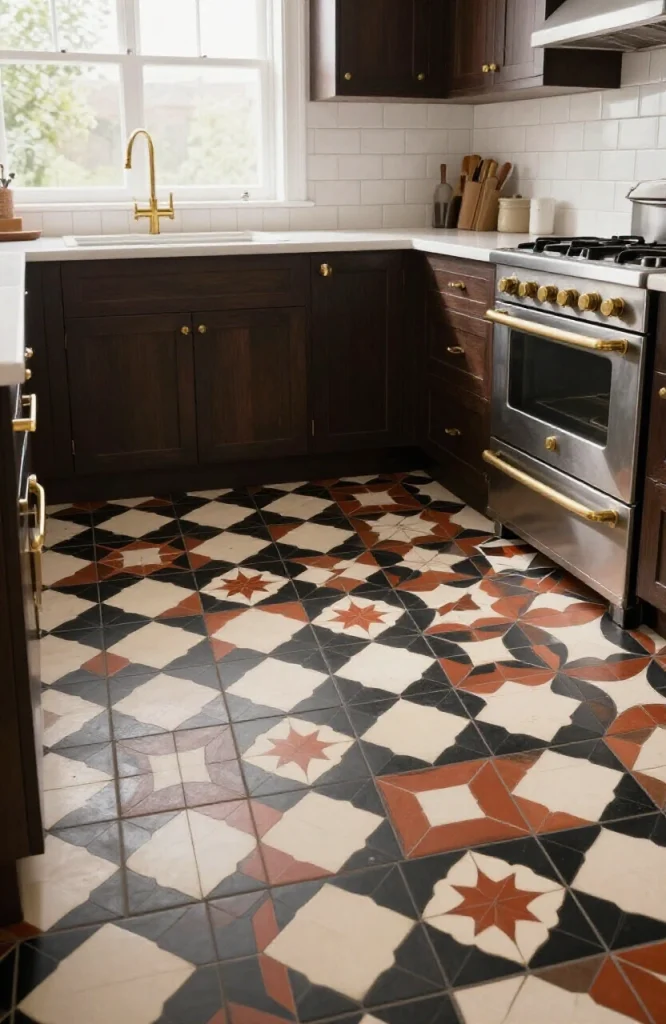 Victorian ceramic floor tile with geometric pattern in black, red, and cream colors displaying traditional Victorian design