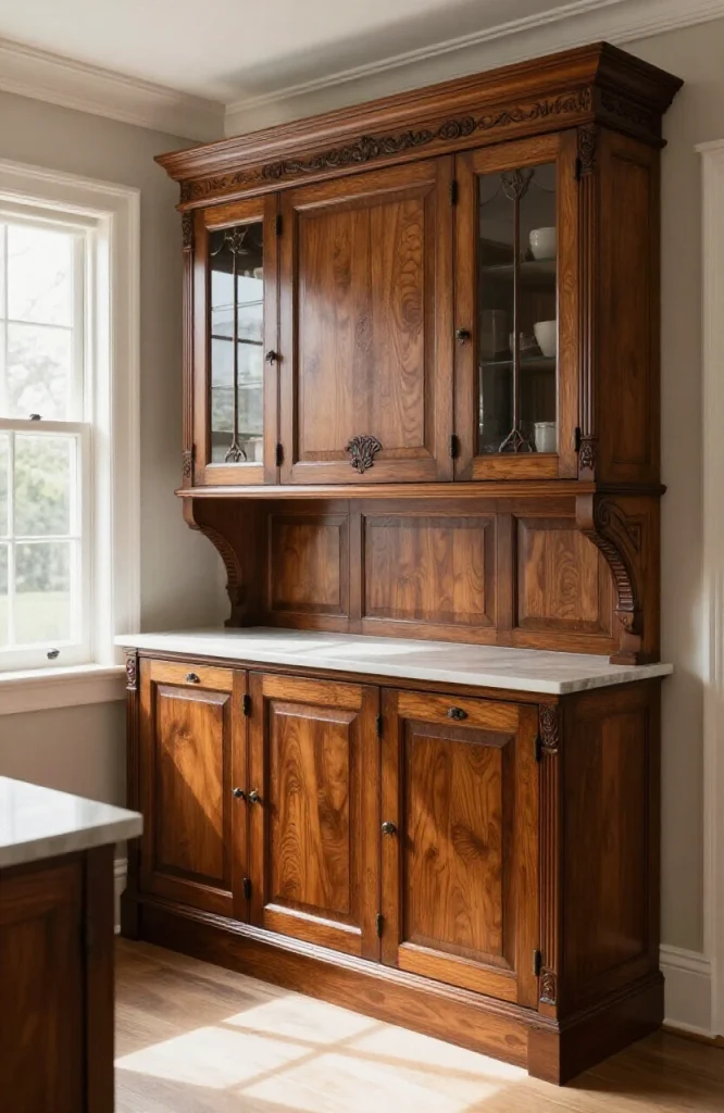 Victorian kitchen featuring ornate cabinetry, vintage hardware, and classic design elements