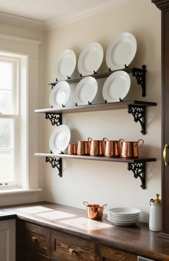 Victorian kitchen open shelving displaying period dishware on ornate metal bracket supports