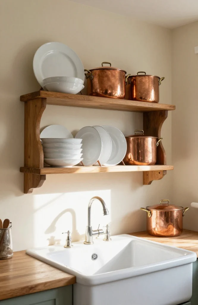 Victorian kitchen with built-in wooden plate rack and open china display shelves mounted above white farmhouse sink