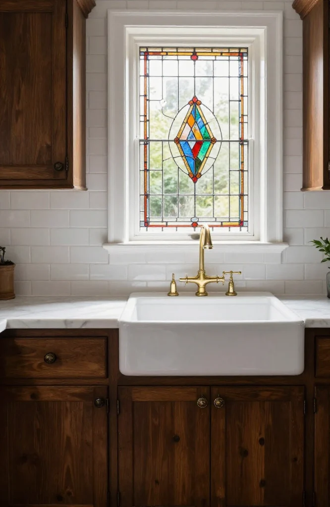 Victorian kitchen with decorative stained glass window installed above white farmhouse sink with bronze faucet