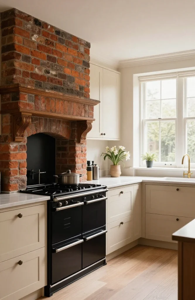 Open-plan Victorian kitchen in terrace house with traditional period features, vintage cabinetry, and classic design elements