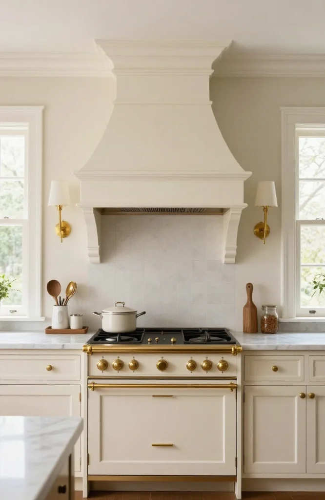 Symmetrical wall sconces mounted on either side of a traditional range hood providing task lighting and Victorian aesthetic t