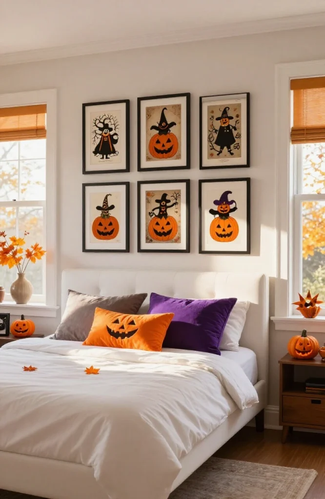 Gallery wall of framed vintage Halloween prints displayed above a bed headboard with classic holiday artwork