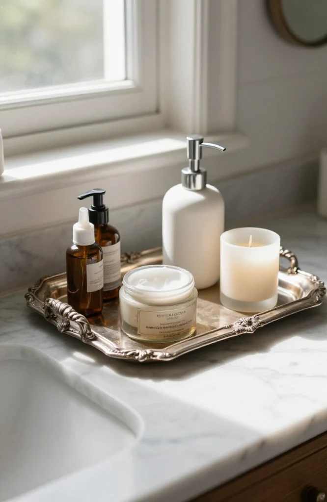 Vintage silver tray arranged on bathroom vanity with decorative bottles and accessories