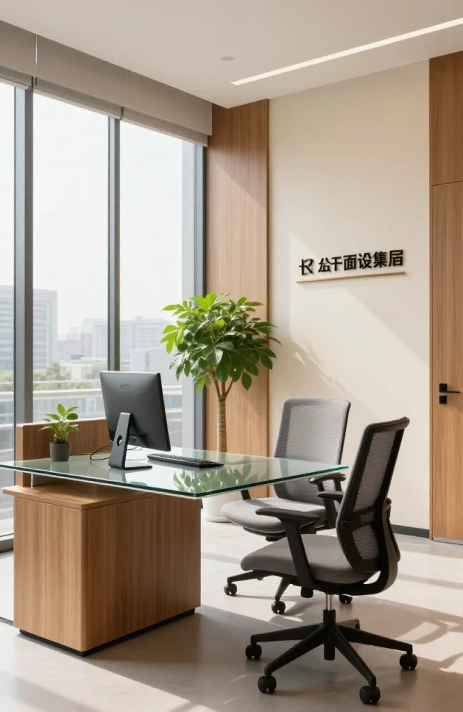 Modern virtual office workspace with desk, computer monitor, office supplies, and professional business address signage