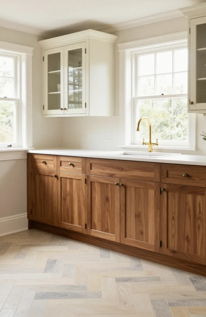 Victorian kitchen with dark walnut lower cabinets, off-white glass-front upper cabinets, and herringbone pattern tile floorin