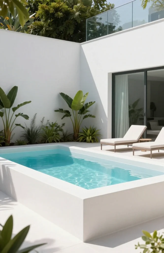 White rendered shell plunge pool with frameless glass fencing surrounding modern residential backyard