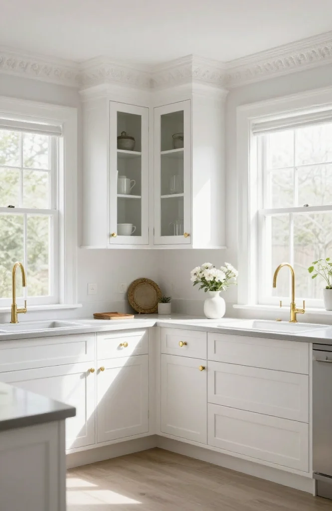 White shaker kitchen cabinets featuring ornate Victorian molding details and polished brass cabinet hardware