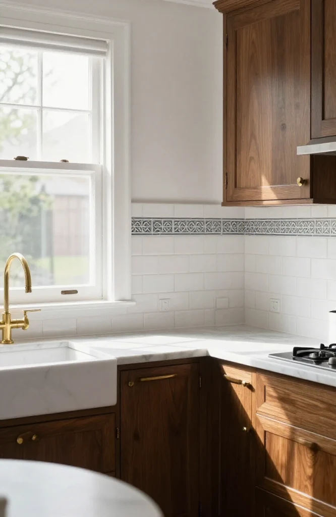 White subway tile backsplash with decorative Victorian floral and geometric border row in kitchen