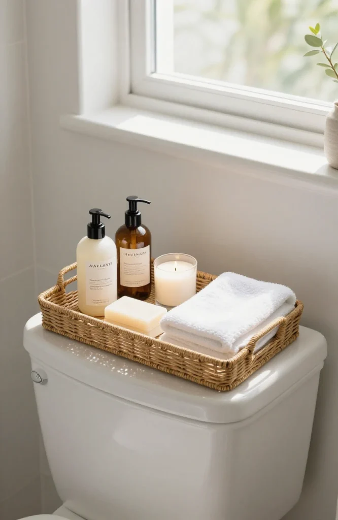 Wicker tray on bathroom vanity displaying guest amenities including soaps, lotions, and towels