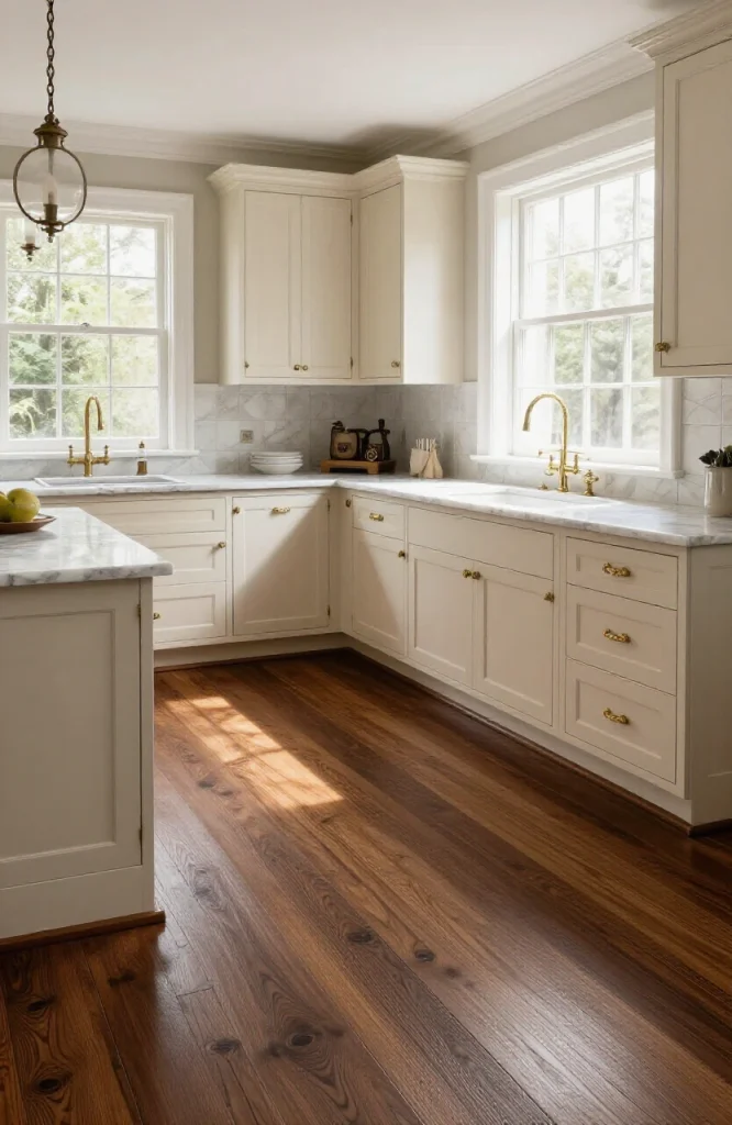 Wide plank dark hardwood flooring in ebony or dark walnut stain installed in a Victorian style kitchen