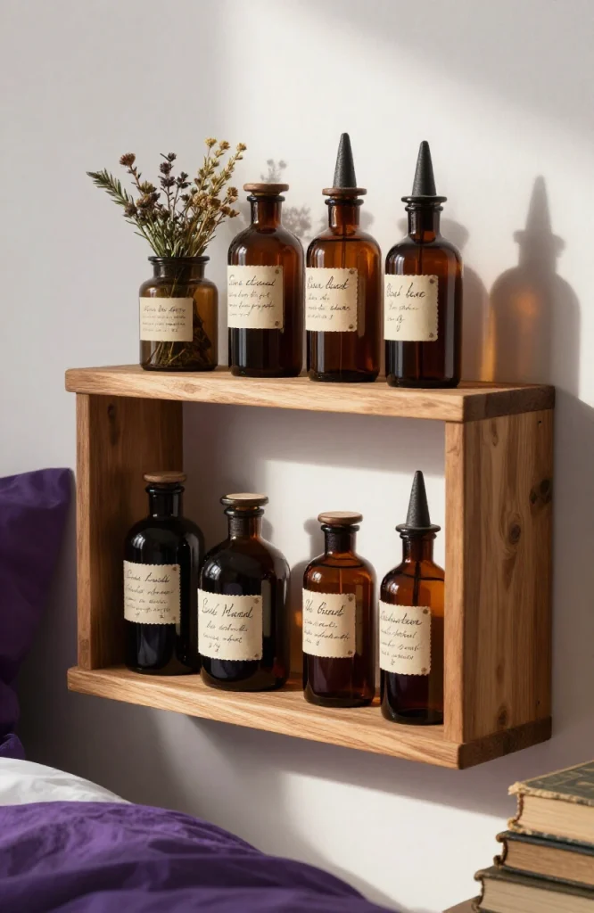 Single wall shelf decorated as witch's apothecary with potion bottles, dried herbs, candles, and vintage labels for Halloween
