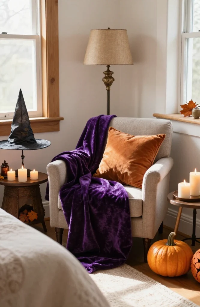 Cozy bedroom reading corner decorated as a witch's retreat with Halloween accents, featuring dark fabrics, mystical decor and
