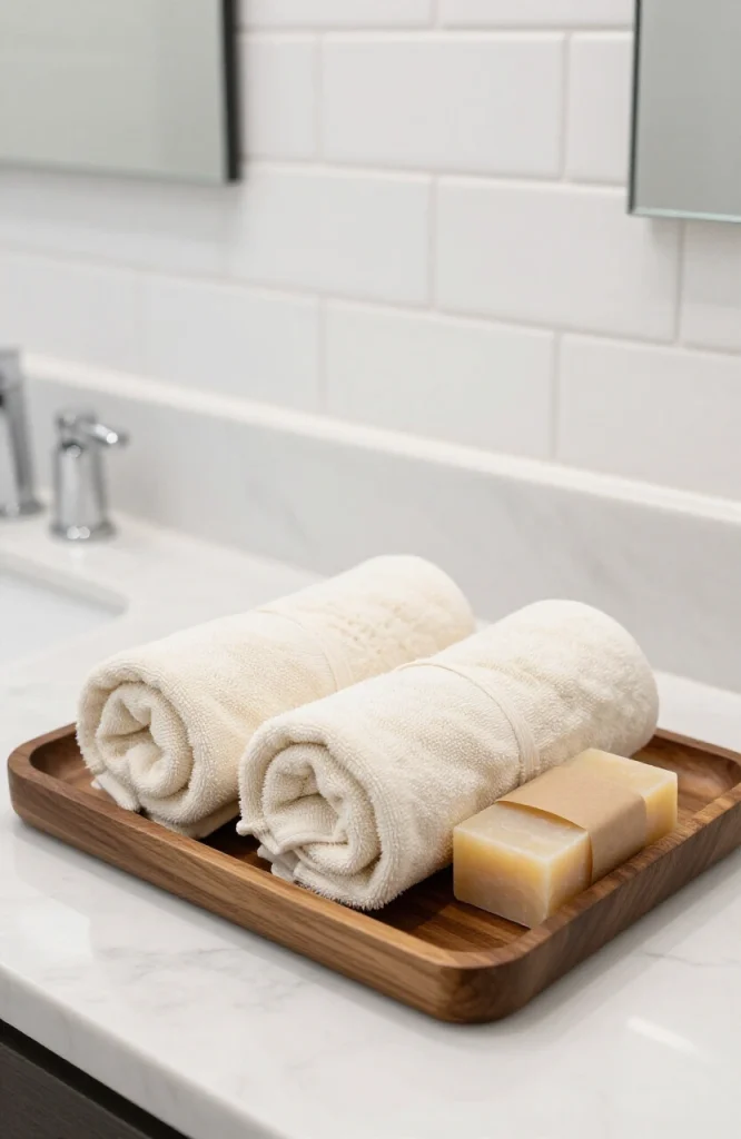 Wooden tray filled with neatly rolled white hand towels for bathroom vanity organization and decoration