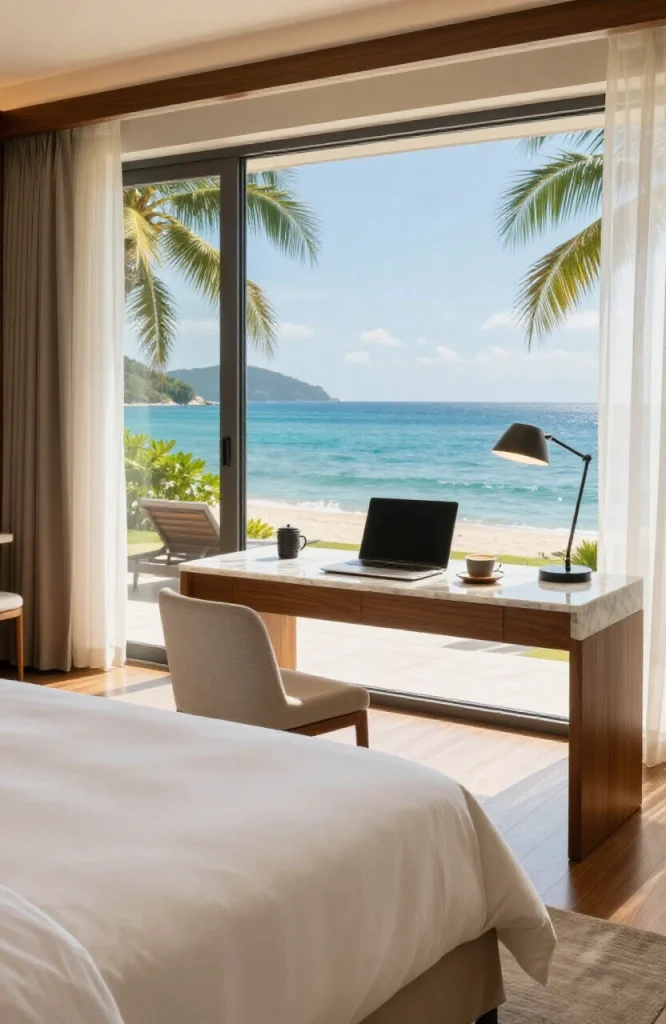 Modern hotel room workspace with desk laptop comfortable chair and resort amenities visible through window