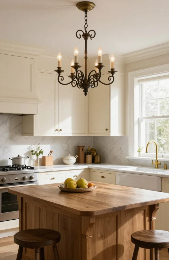 Ornate wrought iron chandelier with multiple arms hanging above a wooden kitchen island in Victorian style kitchen