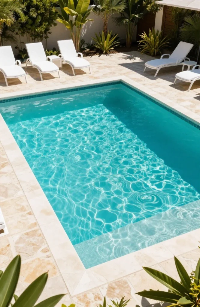Compact plunge pool with zero-depth beach entry sloping gradually into deep end