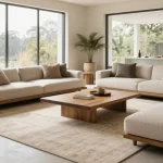 Modern living room without sofa featuring alternative seating furniture arrangement with chairs and tables