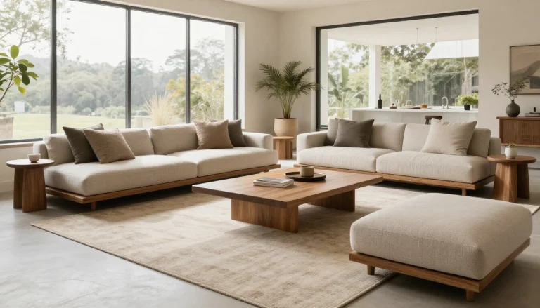 Modern living room without sofa featuring alternative seating furniture arrangement with chairs and tables