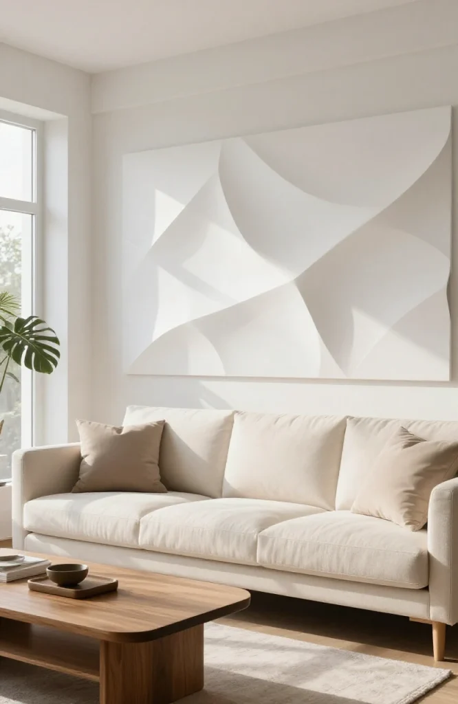 Modern 3D wall panels creating textured geometric patterns on interior wall as paint-free decoration option