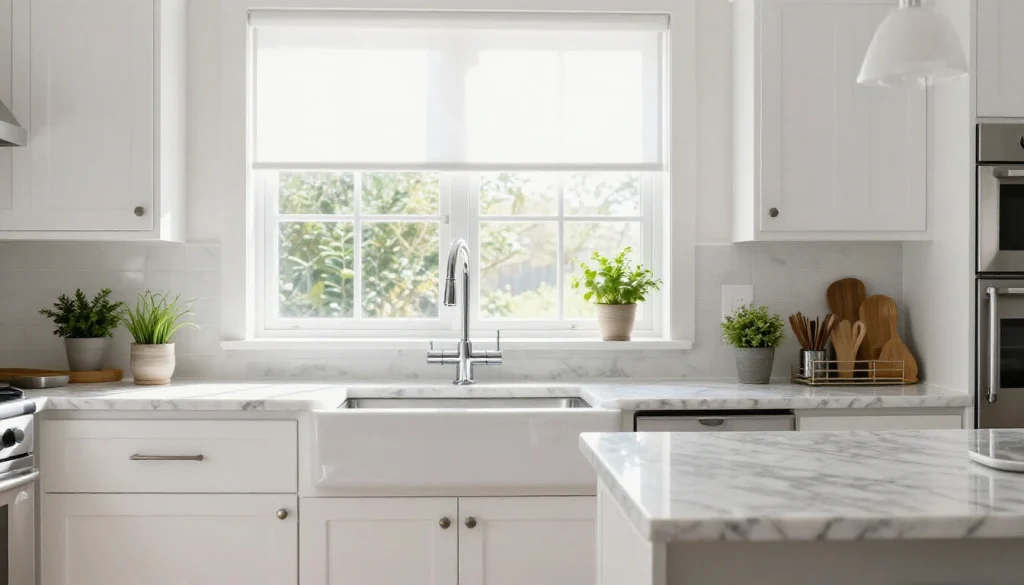 Collage of 40 different kitchen window treatment styles including curtains, blinds, shades, and valances