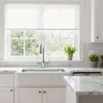 Collage of 40 different kitchen window treatment styles including curtains, blinds, shades, and valances