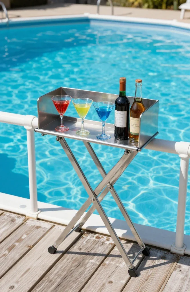 Wooden folding bar mounted on side of above-ground swimming pool with storage shelves and drink station