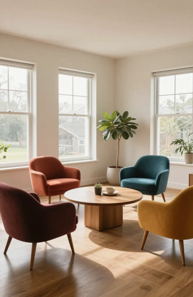 Living room with multiple accent chairs arranged in a cluster formation as a sofa alternative
