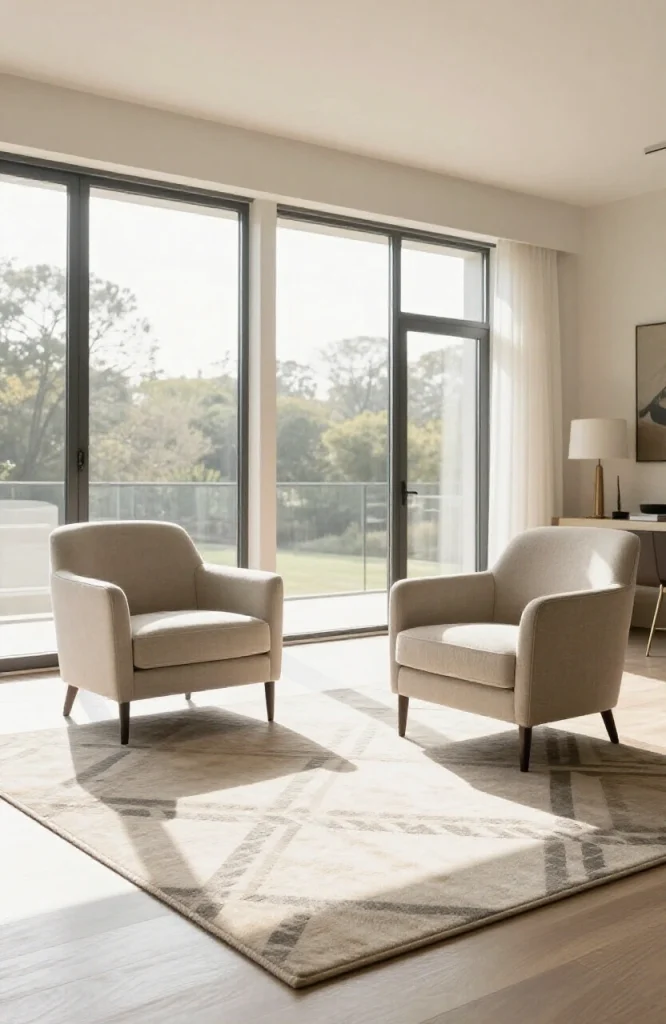 Living room featuring two accent chairs arranged on a large area rug as alternative seating without sofa