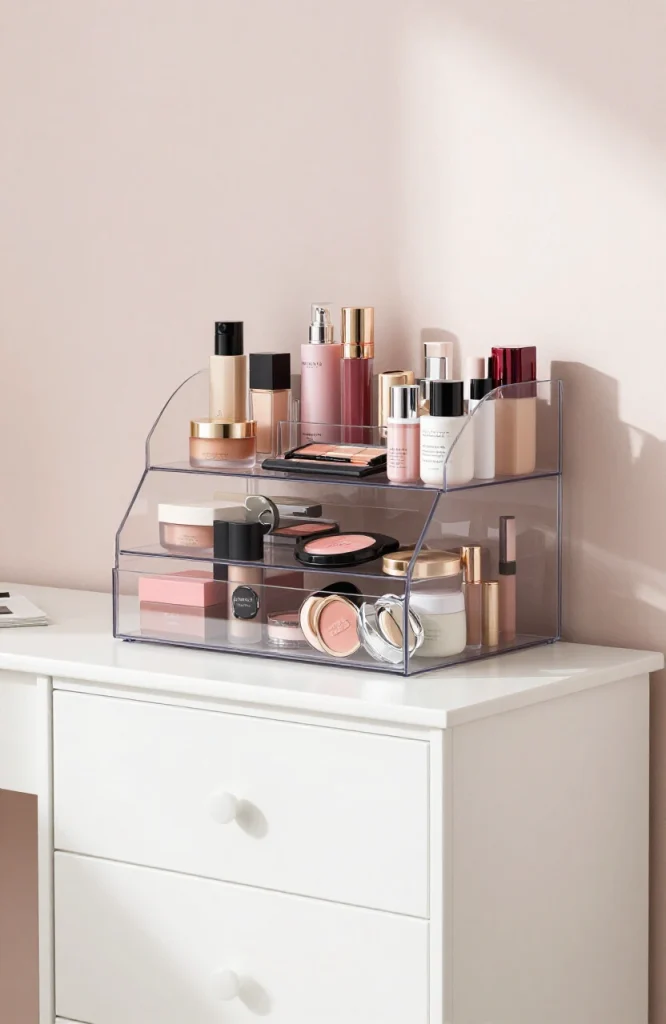 Clear acrylic organizer drawers holding makeup products and skincare bottles on dorm room desk