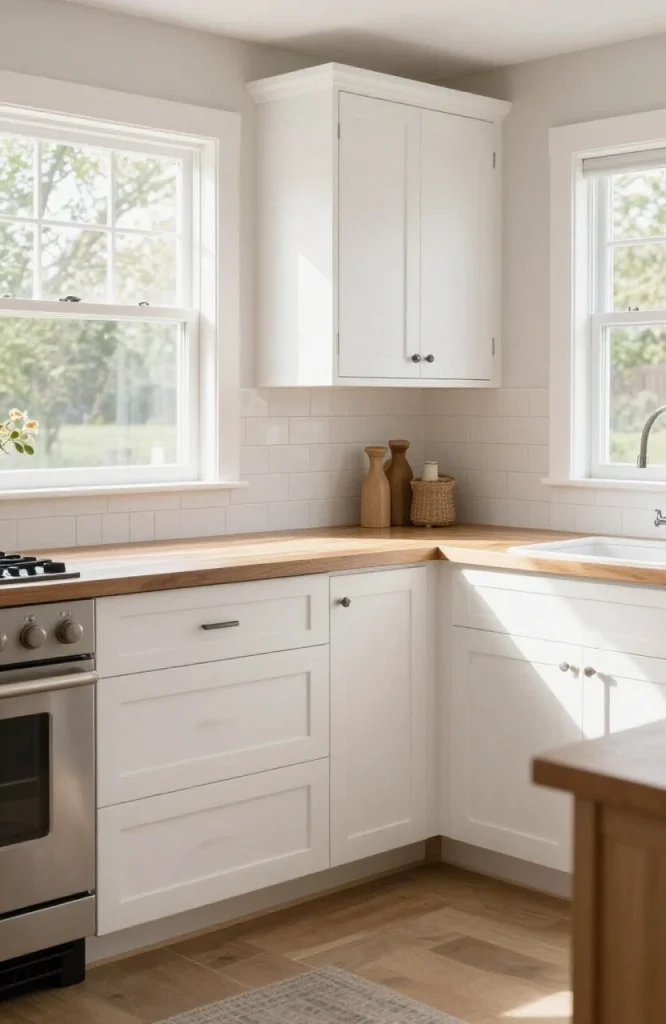 Kitchen cabinets with decorative wooden feet installed at the base creating a furniture-like appearance