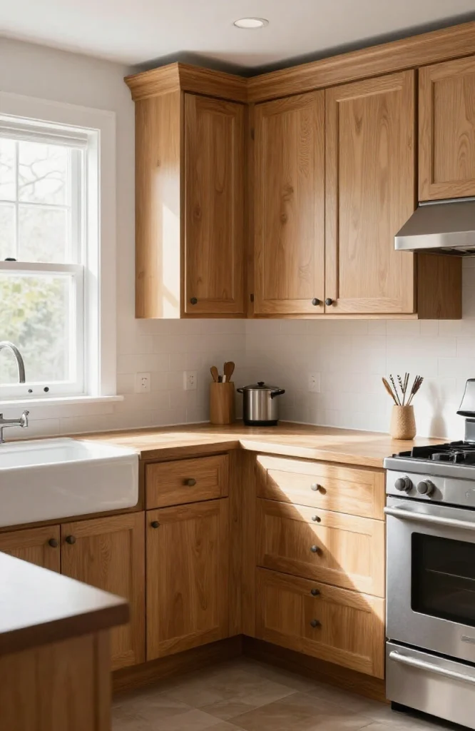 Flat kitchen cabinet doors with decorative trim and moulding applied to create raised panel appearance