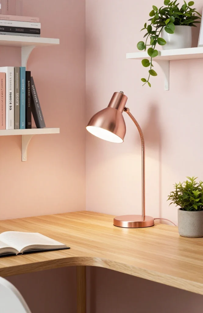 Modern desk lamp with adjustable brightness settings positioned on wooden desk in small dorm room