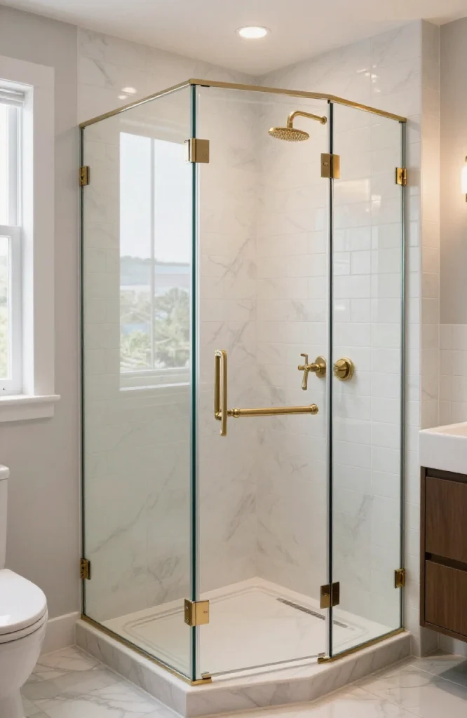 Modern bathroom alcove steam shower with glass enclosure and built-in bench seating for optimal heat retention