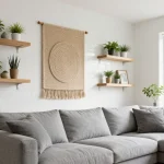 Collage of wall decoration ideas including wallpaper, wall art, shelving, and textile hangings