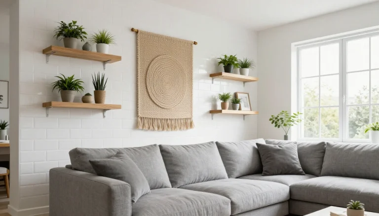 Collage of wall decoration ideas including wallpaper, wall art, shelving, and textile hangings