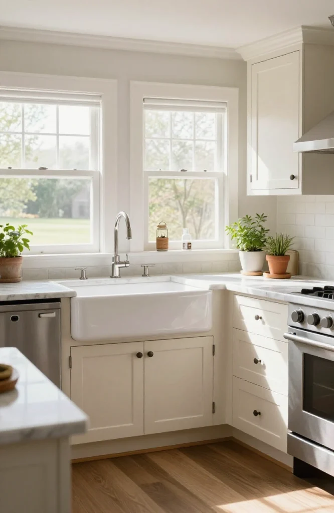 Large kitchen featuring apron front corner sink with white cabinetry and marble countertop