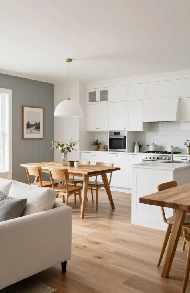 Open floor plan living space with architectural columns and built-in shelving defining separate zones