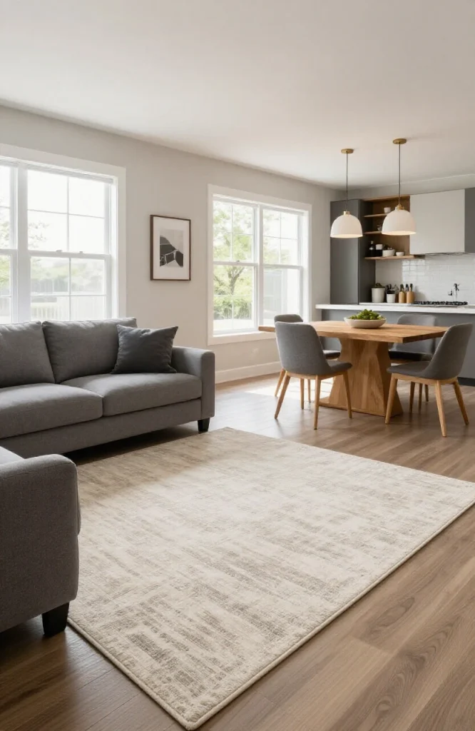Open floor plan living room with gray area rug defining the seating zone separate from dining area