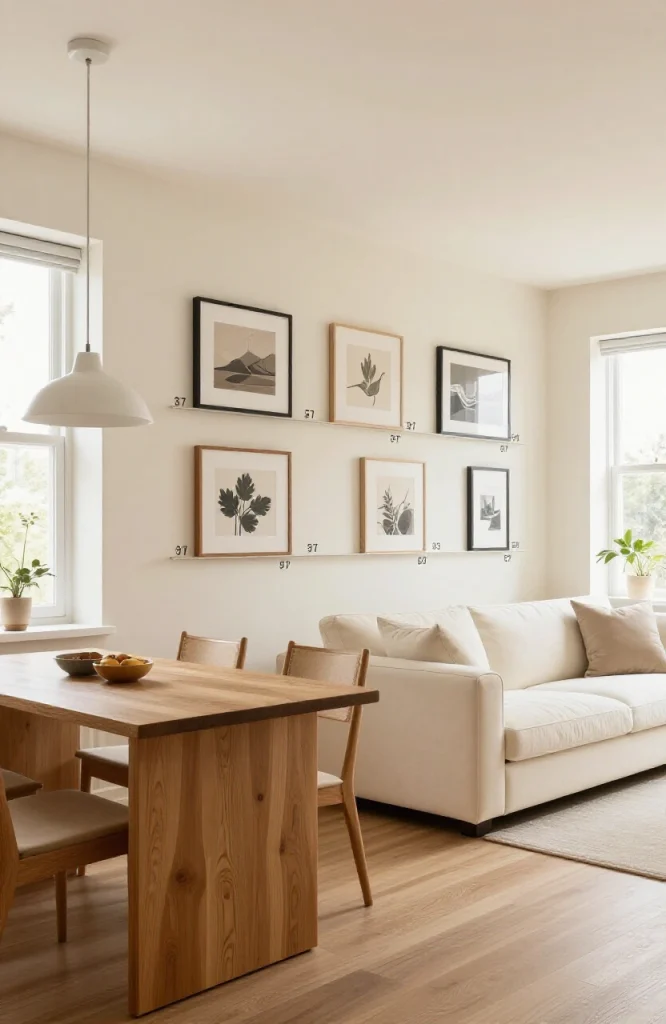 Open floor plan living space with framed artwork hung at uniform eye level across multiple zones creating visual continuity