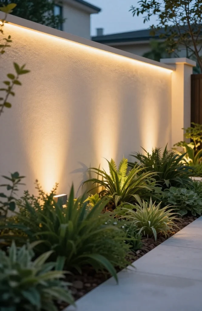 Garden wall backlit with warm LED lights creating depth and shadow effects on fence
