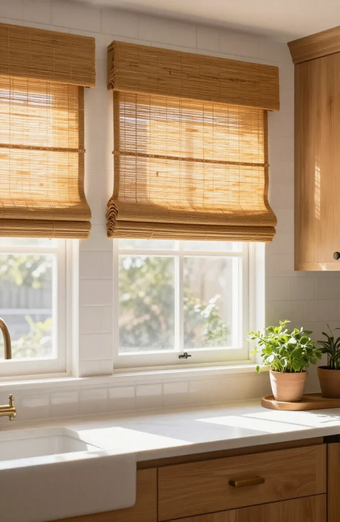 Bamboo Roman shades installed on a kitchen window, showing natural woven texture and light filtering capability