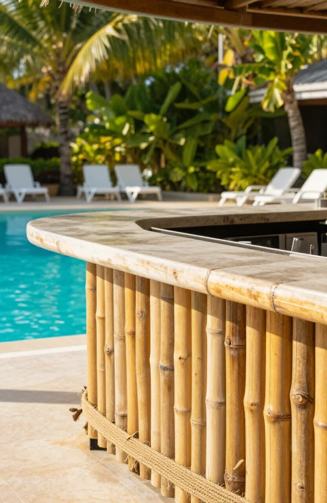DIY bamboo and rope tropical bar with tiki torches, wooden counter, and tropical plants beside swimming pool